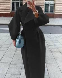Eleganter langer Damen Trenchcoat – Reverskragen & Laternenärmel – Modern – Schwarz