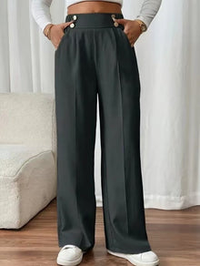Damen elegante Hochbundhose mit seitlichen Knopfdetails und weitem Bein – Grau