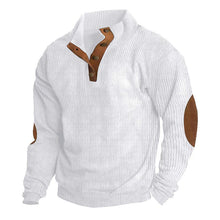 Herren nan rustikaler gerippter Pullover mit Henley-Kragen und lederartigen Ellbogenbesätzen Drune – Weiß