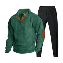 Herren nan strukturiertes Strick-Loungewear-Set mit halber Knopfleiste, kontrastreichen Ellbogenpatches und elastischem Tunnelzug-Jogger Drune – Apfelgrün mit schwarzer Hose
