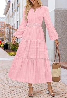 Damen Maxikleid mit eleganten Puffärmeln und gesmoktem Taillenbereich – Rosa