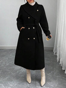 Damen eleganter wärmender Wollmantel mit doppelter Knopfleiste und einem Gürtel – Schwarz