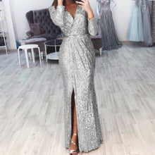 Damen langes Abendkleid mit elegantem Wickelschnitt und Schlitz – Silber