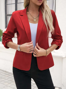 Damen nan taillierter Longblazer mit Revers, gerafften 3/4-Ärmeln und Eingrifftaschen Drune – Rot