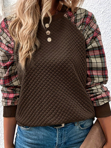 Damen Sweatshirt mit Gitterstruktur und karierten Ärmeln – Dunkelbraun