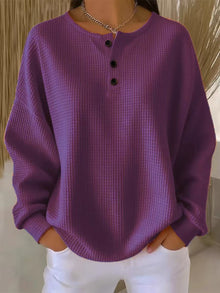 Damen nan Oversized Waffelstrick Henley-Pullover mit Knopfleiste und abgerundetem Saum Drune – Dunkelviolett