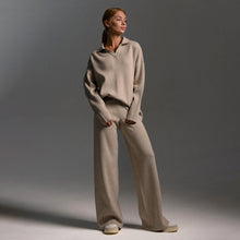 Damen Lounge Set mit Weitbein Hose und Polo Pullover – Cremefarben