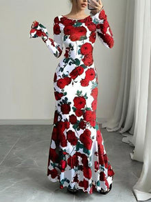 Damen Elegantes Maxikleid mit floralen Rüschendetails und langem Arm – Weiße Blume