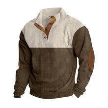 Herren nan rustikaler gerippter Pullover mit Henley-Kragen und lederartigen Ellbogenbesätzen Drune – Apricot + Braun