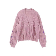 Damen nan oversize Strickcardigan mit Zopfmuster und Sternapplikationen V-Ausschnitt Knopfleiste Drune – Rosa