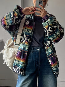 Damen Fleecejacke mit buntem Ethno-Muster und weichem Innenfutter – Grün