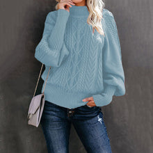 Damen Grobstrickpullover mit Stehkragen und Ballonärmeln – Himmelblau