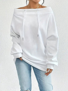 Damen lässiger Oversized-Pullover mit offenem Kragen und praktischen Kordelzügen – Weiß