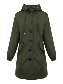 Damen nan leichter Regenparka mit Kapuze, überlanger Knopfleiste, Tunnelzug und aufgesetzten Taschen Drune – Olivgrün