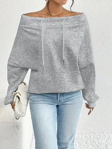 Damen lässiger Oversized-Pullover mit offenem Kragen und praktischen Kordelzügen – Hellgrau