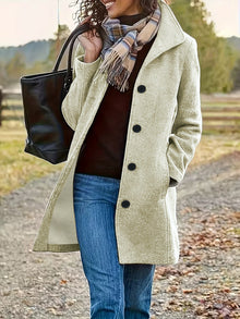 Damen elegante Wollmantel mit modernem Kragen und praktischen Taschen – Aprikose
