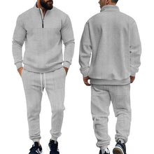 Herren nan Strick-Trainingsset mit halbem Reißverschluss, Zopfmuster-Pulli und Kordelzug-Jogger Drune – Grau
