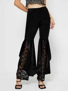 Damen elegante High-Waist Palazzo-Hose mit transparenten Spitzen-Einsätzen – Schwarz