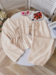 Damen nan gestreiftes Leinenähnliches Homewear-Set mit gerafftem Tunnelzugoberteil und elastischer Bundhose Drune – Khaki