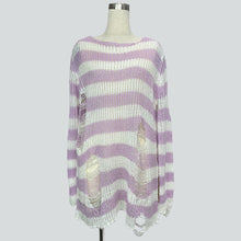 Damen nan Oversized Grobstrickpullover mit breiten Blockstreifen und aufgerissenem Design Drune – Langes Hellviolett