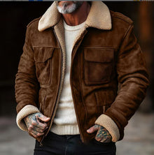 Herren Vintage-Lederjacke mit Teddyfellkragen und praktischen Taschen Aliams – Braun