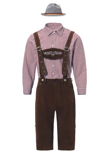 Herren nan kurze Trachtenlederhose in Veloursleder-Optik mit besticktem Brustlatz und verstellbaren Trägern Drune – 82342 Braun (Mütze+Oberteil+Latzhose)