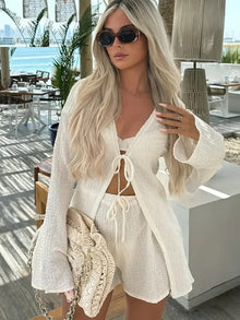 Damen Strick-Set mit lässiger Shorts und durchgehendem Reißverschluss – Aprikose