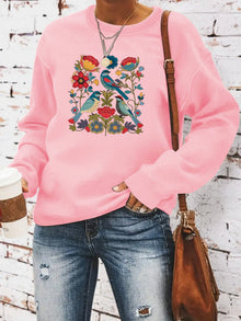 Damen Sweatshirt mit floralem Vogelmotiv und lässigem Schnitt – Rosa