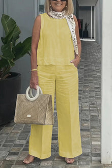 Leinen-Set mit ärmellosem Top | Weite Hose | Sommerlicher Chic – Gelb