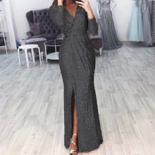 Damen langes Abendkleid mit elegantem Wickelschnitt und Schlitz – Schwarz