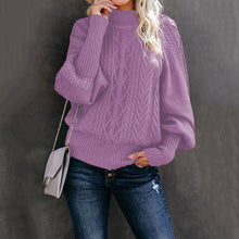 Damen nan Zopfmuster-Strickpullover mit Rollkragen und Ballonärmeln Drune – Violett