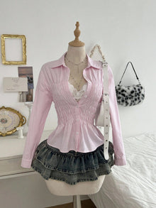 Damen nan taillierte Hemdbluse mit geraffter Brustpartie und Schößchen Drune – A2