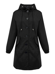 Damen nan leichter Regenparka mit Kapuze, überlanger Knopfleiste, Tunnelzug und aufgesetzten Taschen Drune – Schwarz