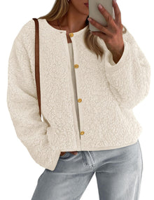 Damen Kuschelige Fleecejacke mit Knopfdetail und Oversized-Schnitt – Weiß