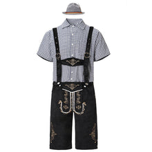 Herren nan traditionelle Trachtenlederhose mit bestickten Hosenträgern, kariertem Trachtenhemd und Filzhut Drune – 82353 Schwarz (Schwarzes Oberteil + Schwarze Latzhose + Graue Mütze)