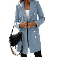 Damen eleganter Wollmantel mit doppelter Knopfleiste und breitem Revers – Himmelblau