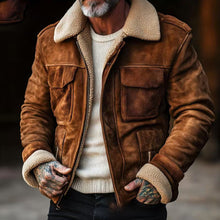 Herren Vintage-Lederjacke mit Teddyfellkragen und praktischen Taschen Aliams – Dunkelbraun
