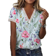 Sherly – Elegantes T-Shirt mit kurzen Ärmeln und V-Ausschnitt-Print für Damen – Blau