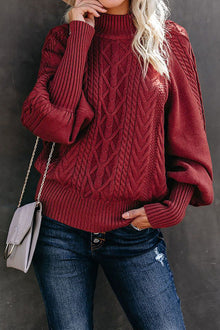 Damen Grobstrickpullover mit Stehkragen und Ballonärmeln – Burgunderrot