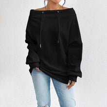 Damen lässiger Oversized-Pullover mit offenem Kragen und praktischen Kordelzügen – Schwarz
