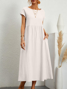 Damen Midi-Kleid mit Ballonärmeln und praktischen Taschen – Weiß