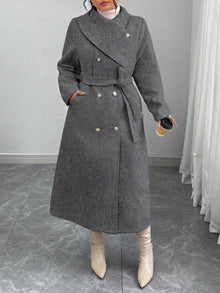 Damen eleganter wärmender Wollmantel mit doppelter Knopfleiste und einem Gürtel – Dunkelgrau