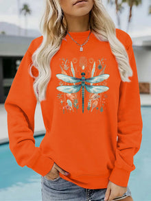 Damen Sweatshirt mit einzigartigem Libellen-Print und botanischem Design – Orange