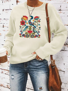 Damen Sweatshirt mit floralem Vogelmotiv und lässigem Schnitt – Khaki