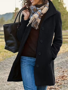 Damen elegante Wollmantel mit modernem Kragen und praktischen Taschen – Schwarz