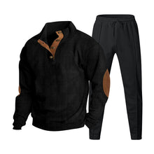 Herren nan strukturiertes Strick-Loungewear-Set mit halber Knopfleiste, kontrastreichen Ellbogenpatches und elastischem Tunnelzug-Jogger Drune – Schwarz komplett