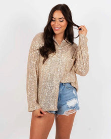 Glitzerbluse mit Kragen | Oversize-Schnitt | Glamouröse Party-Vibes – Beige