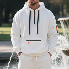 Herren nan technischer Freizeit-Hoodie mit kurzem mittigem Reißverschluss, Reißverschluss-Kängurutasche und Ärmeltasche Drune – Weiß