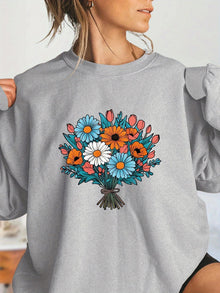 Damen Oversized Sweatshirt mit floralen Grafikdetails – Hellgrau
