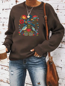 Damen Sweatshirt mit floralem Vogelmotiv und lässigem Schnitt – Braun